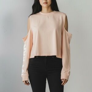 IVY PARK Pink Cropped Long Sleeve Top M Cold Shoulder 100% Cotton Logo Tee NEW